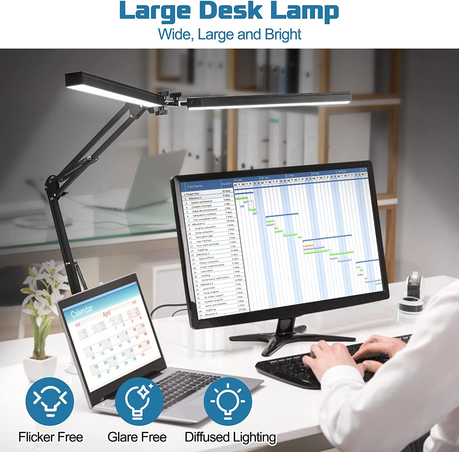 America Metal Aluminium Double Head Led Desk Lamp Clip Clamp Eye Protection Two Heads Lighting Computer Screen Light Table Architect Long Arm Reading Lamp with Adapter for Office Working Design